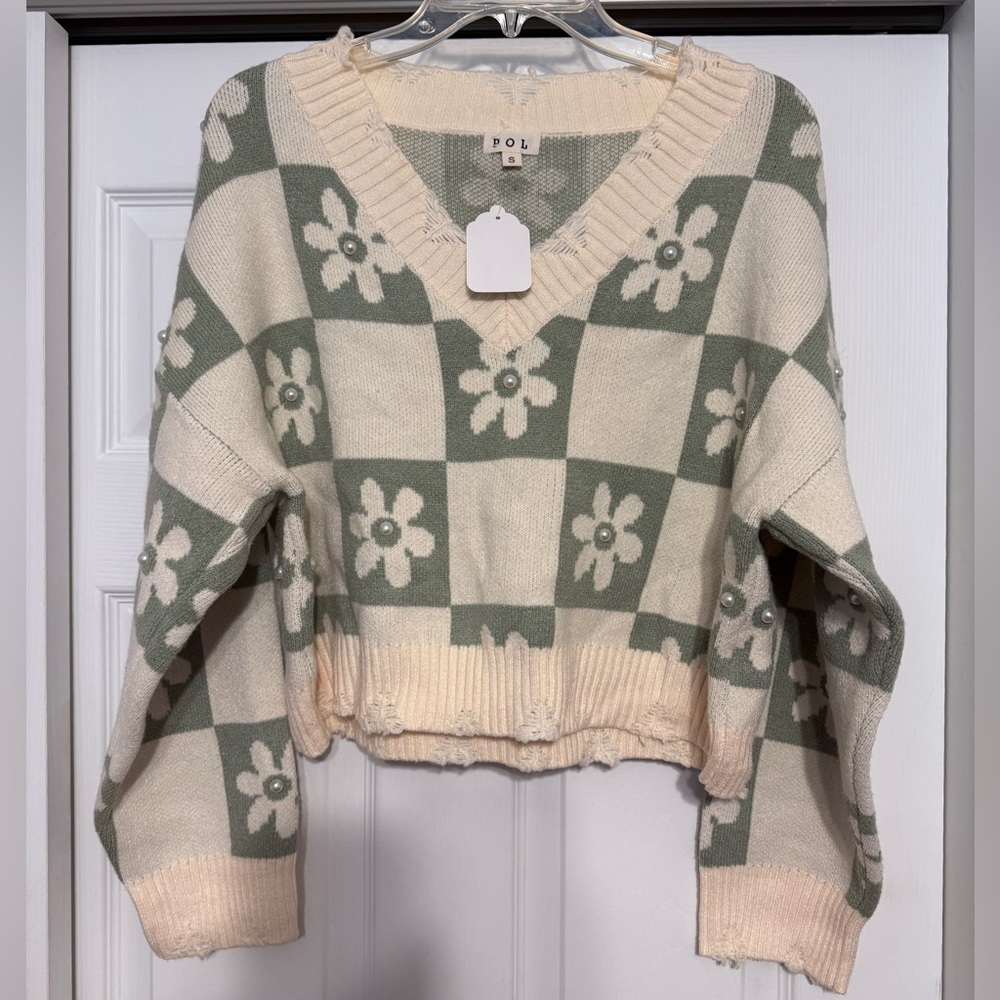 POL Daisy Pearl Beaded Sage & Ivory Distressed Sweater - Size Small